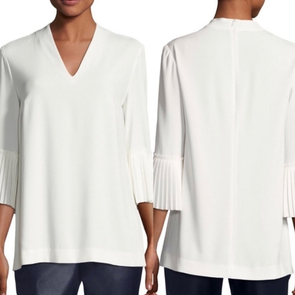 Escada Tops - ESCADA EU 42 (US 12) Winter White Pleated Bell Sleeve V-Neck Popover Blouse